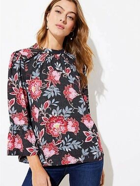 LOFT Floral Garden 3/4 Bell Sleeve Mock Neck Blouse Black Red Pink — XL